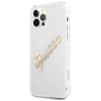 Plastové puzdro Guess na Apple iPhone 12 Pro Max GUHCP12LKTRSVGO Vintage Script Gold Logo transparentné