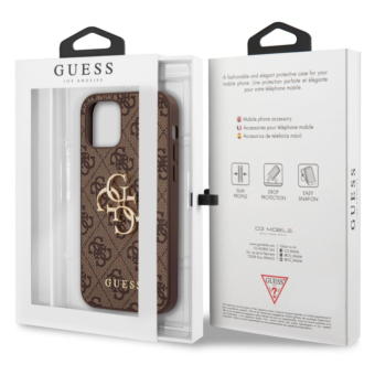 Plastové puzdro Guess na Apple iPhone 12/12 Pro GUHCP12M4GMGBR 4G Metal Logo hnedé