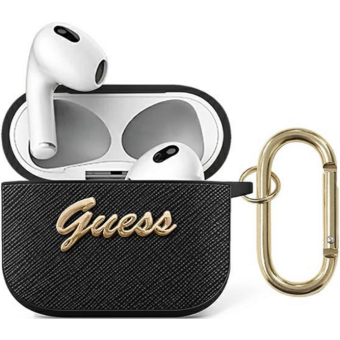 Silikónové puzdro Guess na Apple AirPods 3 GUA3SASMP 4G Saffiano PC/PU Metal Logo čierne