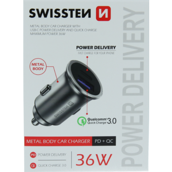 Autonabíjačka SWISSTEN USB QC 3.0 + USB-C (PD iPhone) 36W - strieborná