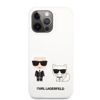 Silikónové puzdro Karl Lagerfeld na Apple iPhone 13 Pro KLHCP13LSSKCW Karl Lagerfeld and Choupette Liquid Silicone biele