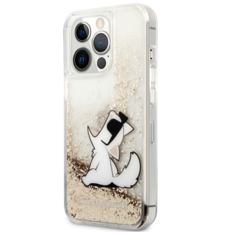 Plastové puzdro Karl Lagerfeld na Apple iPhone 13 Pro Max KLHCP13XGCFD Liquid Glitter Choupette Eat zlaté