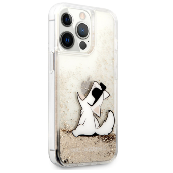 Plastové puzdro Karl Lagerfeld na Apple iPhone 13 Pro Max KLHCP13XGCFD Liquid Glitter Choupette Eat zlaté