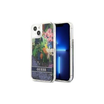 Plastové puzdro Guess na Apple iPhone 13 Pro GUHCP13LLFLSB Flower Liquid Glitter modré