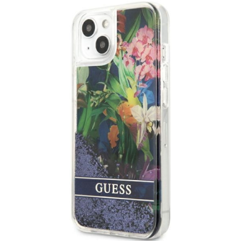Plastové puzdro Guess na Apple iPhone 13 Pro GUHCP13LLFLSB Flower Liquid Glitter modré