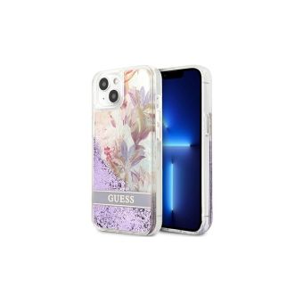 Plastové puzdro Guess na Apple iPhone 13 Mini GUHCP13SLFLSU Flower Liquid Glitter fialové