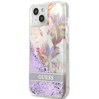 Plastové puzdro Guess na Apple iPhone 13 Mini GUHCP13SLFLSU Flower Liquid Glitter fialové