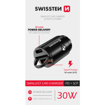 Autonabíjačka SWISSTEN 1xUSB-C 1x USB 30W Nano čierna