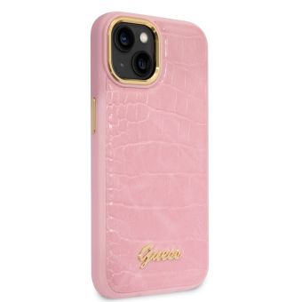 Plastové puzdro Guess na Apple iPhone 14 Plus GUHCP14MHGCRHP PU Croco Metal Camera Outline ružové