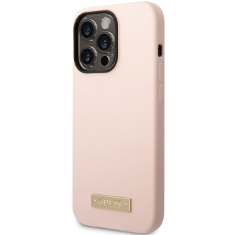 Silikónové puzdro Guess na Apple iPhone 14 Pro Max GUHMP14XSBPLP Silicone Metal Logo MagSafe ružové