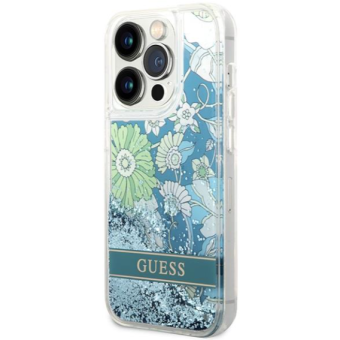 Plastové puzdro Guess na Apple iPhone 14 Pro GUHCP14LLFLSN Liquide Glitter Flower zelené