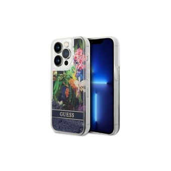 Plastové puzdro Guess na Apple iPhone 14 Pro GUHCP14LLFLSB Flower Liquid Glitter modré