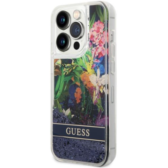 Plastové puzdro Guess na Apple iPhone 14 Pro GUHCP14LLFLSB Flower Liquid Glitter modré