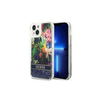 Plastové puzdro Guess na Apple iPhone 14 GUHCP14SLFLSB Flower Liquid Glitter modré