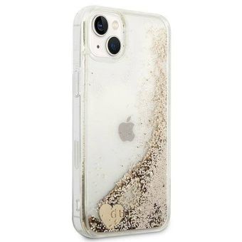 Plastové puzdro Guess na Apple iPhone 14 Plus GUOHCP14MGLHFLGO Liquide Glitter Charms zlaté