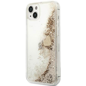 Plastové puzdro Guess na Apple iPhone 14 Pro GUOHCP14LGLHFLGO Liquide Glitter Charms zlaté