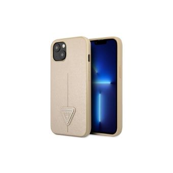 Plastové puzdro Guess na Apple iPhone 14 GUHCP14SPSATLE HC Saffiano PU Triangle béžové