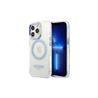 Plastové puzdro Guess na Apple iPhone 13 Pro GUHMP13LHTRMB Metal Outline Magsafe modré