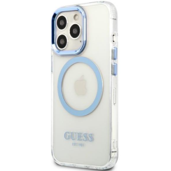 Plastové puzdro Guess na Apple iPhone 13 Pro GUHMP13LHTRMB Metal Outline Magsafe modré