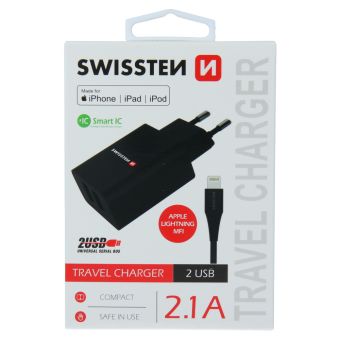 Sieťová nabíjačka Swissten MFI SMART IC 2xUSB 2,1A POWER+kábel USB/Lightning,1.2 M čierna