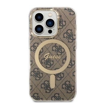 Set plastové puzdro a nabíjačka Guess na Apple iPhone 14 Pro Max GUBPP14XH4EACSW Magsafe 4G zlato-hnedá