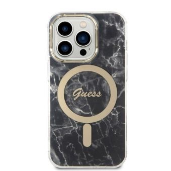 Set plastové puzdro a nabíjačka Guess na Apple iPhone 14 Pro Max GUBPP14XHMEACSK Magsafe IMG Marble zlato-čierne