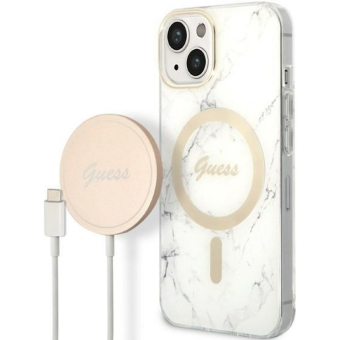 Set plastové puzdro a nabíjačka Guess na Apple iPhone 14 Plus GUBPP14MHMEACSH Magsafe IMG Marble zlato-biele