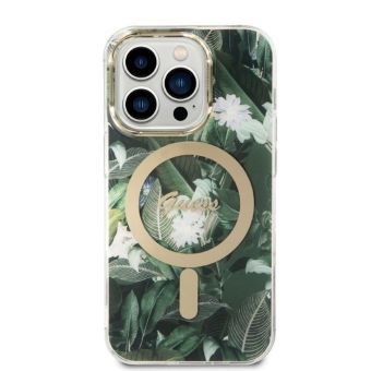 Set plastové puzdro a nabíjačka Guess na Apple iPhone 14 Pro Max GUBPP14XHJEACSA Magsafe IMG Jungle zlato-zelené