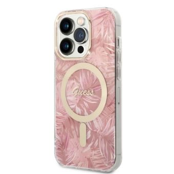 Set plastové puzdro a nabíjačka Guess na Apple iPhone 14 Pro Max GUBPP14XHJEACSP Magsafe IMG Jungle zlato-ružové