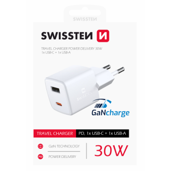 Rýchlonabíjačka Swissten Mini GaN, USB,USB-C, PD 30W, biela