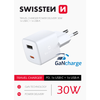 Rýchlonabíjačka Swissten Mini GaN, USB,USB-C, PD 30W, biela