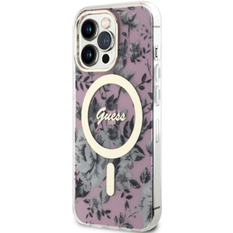 Plastové puzdro Guess na Apple iPhone 14 Pro GUHMP14LHCFWSP Flowers IML MagSafe ružové