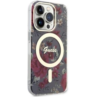 Plastové puzdro Guess na Apple iPhone 14 Pro GUHMP14LHCFWSA Flowers IML MagSafe Kaki