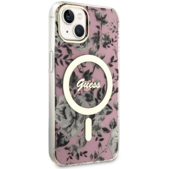 Plastové puzdro Guess na Apple iPhone 14 GUHMP14SHCFWSP Flowers IML MagSafe ružové