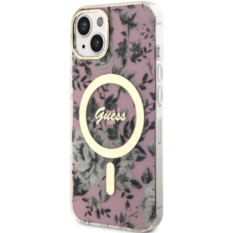Plastové puzdro Guess na Apple iPhone 14 GUHMP14SHCFWSP Flowers IML MagSafe ružové