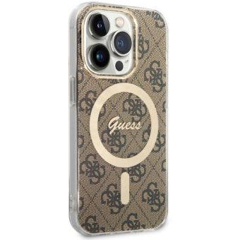 Plastové puzdro Guess na Apple iPhone 14 Pro GUHMP14LH4STW 4G IML MagSafe hnedé