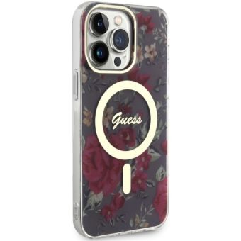 Plastové puzdro Guess na Apple iPhone 14 Pro Max GUHMP14XHCFWSA Flowers IML MagSafe Kaki