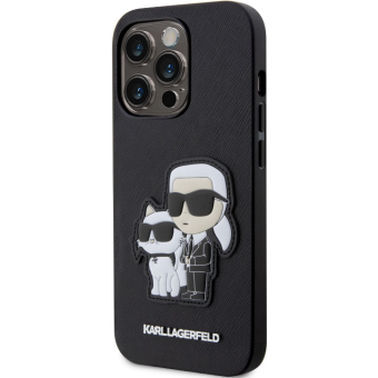 Plastové puzdro Karl Lagerfeld na Apple iPhone 14 Pro KLHCP14LSANKCPK Saffiano Karl and Choupette NFT čierne