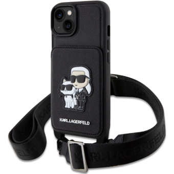 Plastové puzdro Karl Lagerfeld na Apple iPhone 14 KLHCP14SCSAKCPMK Saffiano Crossbody Karl and Choupette NFT čierne