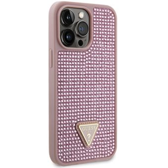 Plastové puzdro Guess na Apple iPhone 14 Pro Max GUHCP14XHDGTPP Rhinestones Triangle Metal Logo ružové
