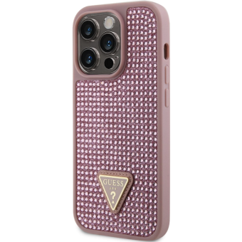 Plastové puzdro Guess na Apple iPhone 14 Pro Max GUHCP14XHDGTPP Rhinestones Triangle Metal Logo ružové