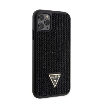 Plastové puzdro Guess na Apple iPhone 11 Pro Max GUHCN65HDGTPK Rhinestones Triangle Metal Logo čierne