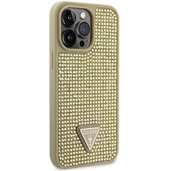 Plastové puzdro Guess na Apple iPhone 14 Pro Max GUHCP14XHDGTPD Rhinestones Triangle Metal Logo zlaté