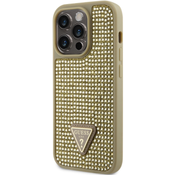 Plastové puzdro Guess na Apple iPhone 14 Pro Max GUHCP14XHDGTPD Rhinestones Triangle Metal Logo zlaté