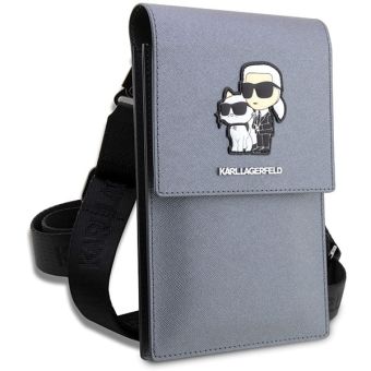 Univerzálne puzdro Karl Lagerfeld na smartfón KLWBSAKCPMG Saffiano Metal Logo NFT Wallet Phone Bag Silver