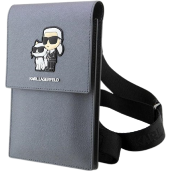Univerzálne puzdro Karl Lagerfeld na smartfón KLWBSAKCPMG Saffiano Metal Logo NFT Wallet Phone Bag Silver