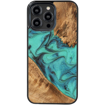 Drevené puzdro na Apple iPhone 14 Pro Bewood Unique Turquoise Wood and Resin tyrkysovo-čierne