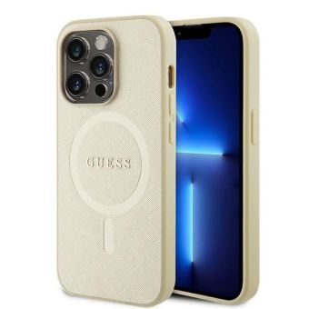 Plastové puzdro Guess na Apple iPhone 15 Pro GUHMP15LPSAHMCB Saffiano MagSafe béžové
