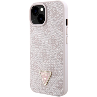 Plastové puzdro Guess na Apple iPhone 15 GUHCP15SP4TDSCPP PU 4G Strass Triangle Metal Logo ružové
