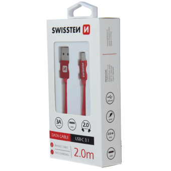 Kábel SWISSTEN Textile, USB-A na USB-C 3.0A, 2m červený